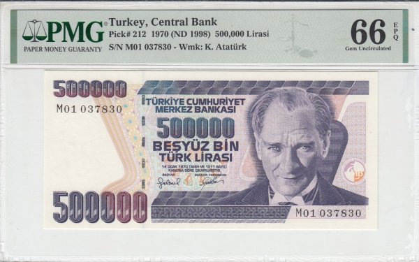 7. Emisyon 4.Tertip 500.000 Türk Lirası  Seri M01 "ÇİL" PMG 66 EPQ, SERTİFİKALI