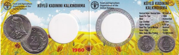 1980 YILI 50 KURUŞ FAO KÖYLÜ KADININI KALKINDIRMA TEKLİ ÖZEL KİT