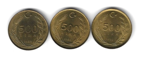 1989/90/91 Yılları Pirinç Tedavül 500 Lira Set ÇİL