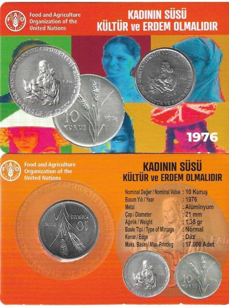 1976 YILI FAO KADININ SÜSÜ KÜLTÜR VE ERDEM OLMALIDIR 10 KURUŞ ALÜMİNYUM ÖZEL KİTİNDE ÇİL